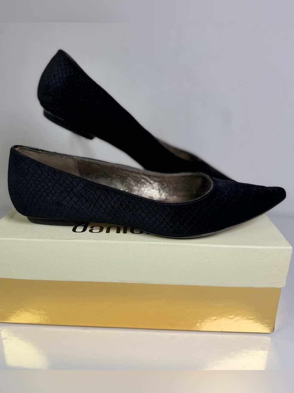 Daniblack Rexa Black Python Velvet Pointed Toe Ballet Flats Women Sz 10